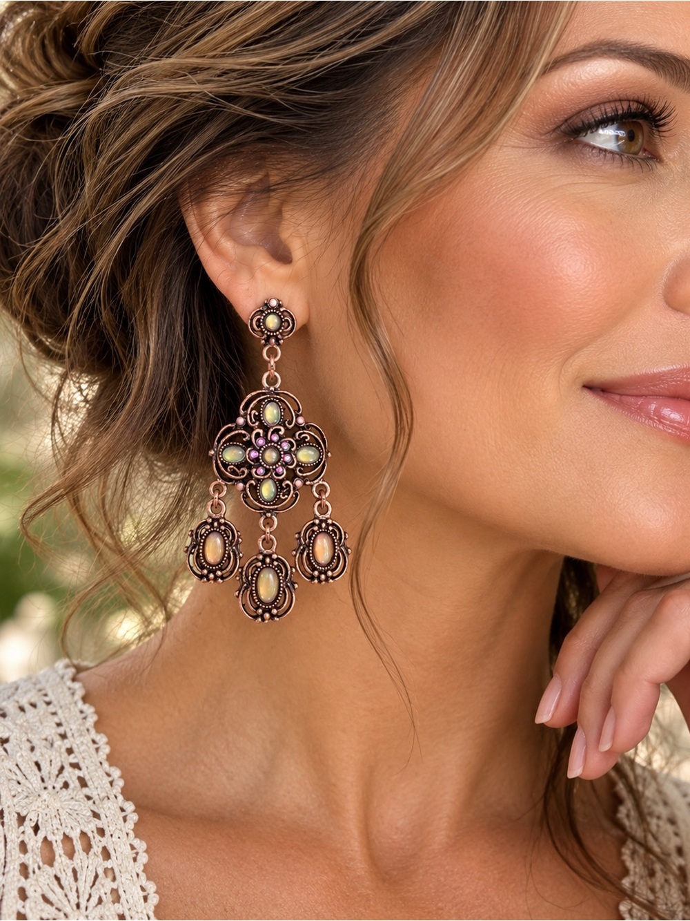 Vintage Erica Lyons™ Dramatic Iridescent Cabochon Filigree Chandelier Earrings –